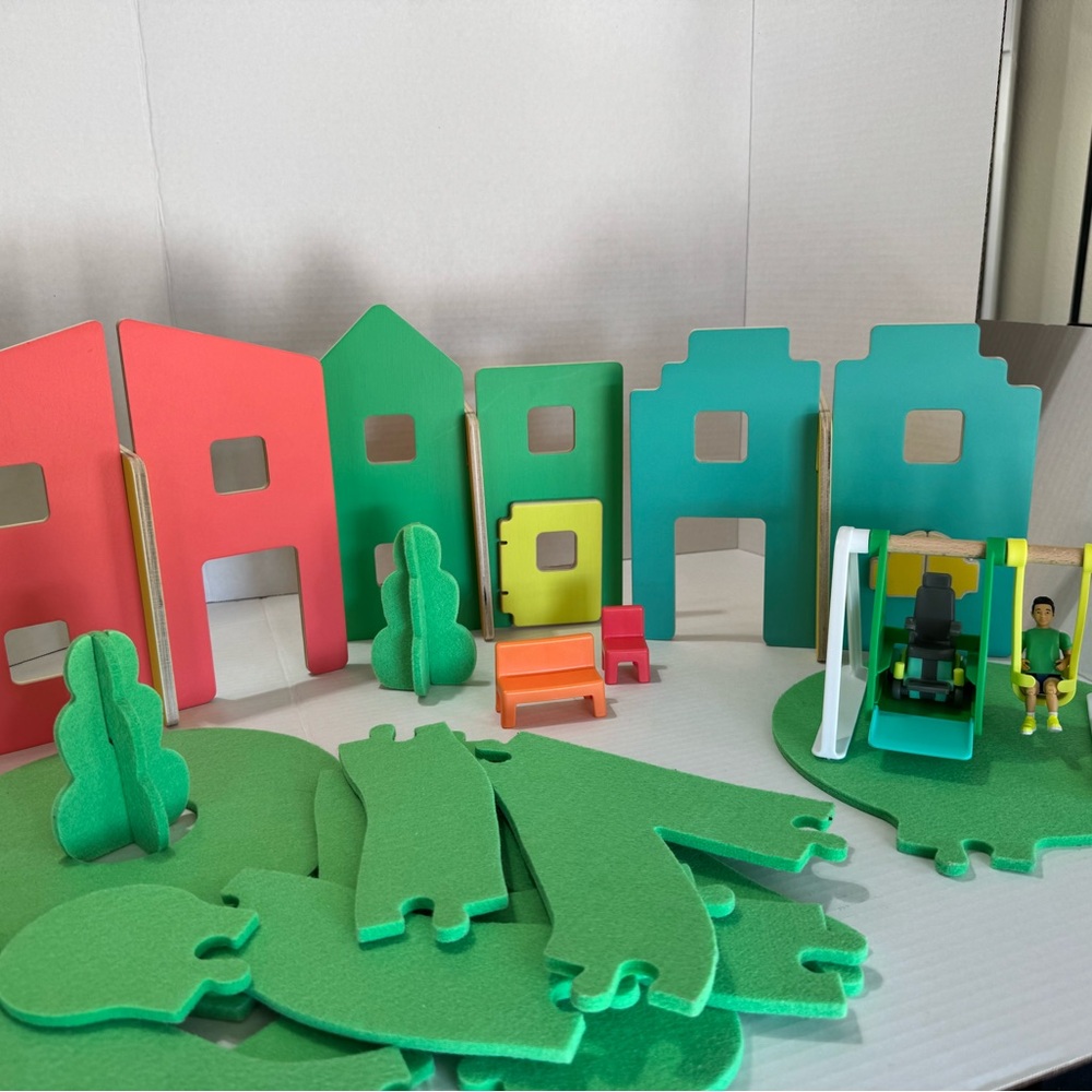 Wooden Town Playset with Green Play Mats and Multicolor Buildings